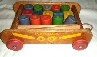 Vintage Playskool Wooden Wagon With Colored Wooden Blocks