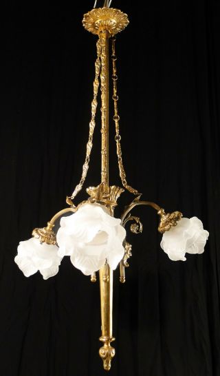 Antique French Solid Bronze Chandelier 3 Glass Tulips Mythological Images