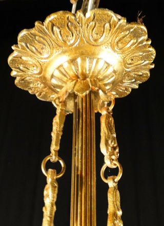 Antique french solid bronze chandelier 3 glass tulips mythological images 2