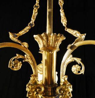 Antique french solid bronze chandelier 3 glass tulips mythological images 3