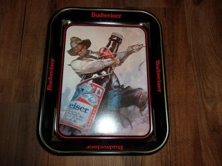 Vintage 1980s Budweiser King Of Beers Cowboy Roping A Beer Bottle Metal Tray