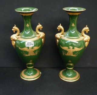 Pair French Antique Porcelain Napoleon Eagle Green Insects Dragon Gothic Vases