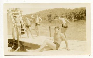 7 Vintage Photo Swimsuit Boys & Man Diving Pier Snapshot Gay