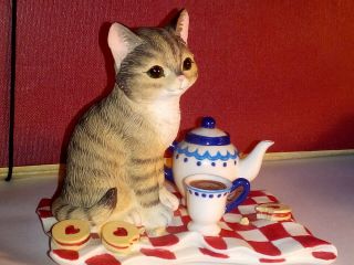 Lenox - Tea Time - Gray And White Striped Cat W//tea Pot,  Cup Of Tea & Cookies