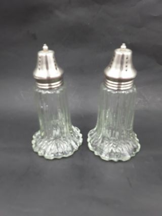 Vintage Set Of Glass Salt & Pepper Shakers Flair Bottoms Chrome Tops 5.  75in