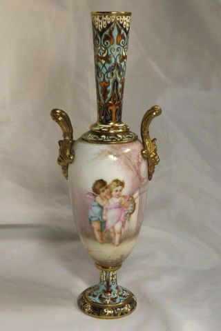 Antique French Sevres Porcelain 10 " Vase Signed With Champleve Enamel Fittings