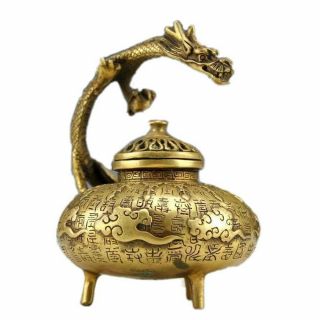 Exquisite Chinese Old Handwork Tibet Bronze Carved Dragon Incense Burner Rn