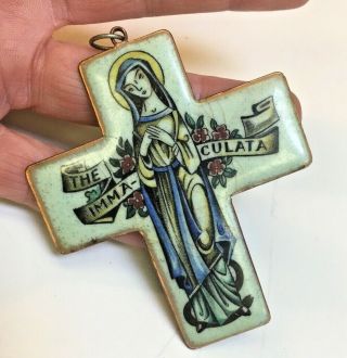 Vintage Mcm " The Immaculata " Fired Hand Painted Enamel On Copper Large Cross