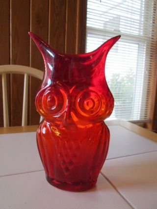 Vtg Viking Amberina Red Orange Blown Glass Owl Vase Mid Century Modern 8.  5 " Tall