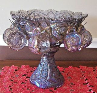 Vintage Imperial Glass Whirling Star Amethyst Punch Bowl Set W/ 10 Cups & Hooks