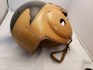 1930 J.  C.  Higgins Football Helmet Black And Brown Leather Wing Front Chin Strip
