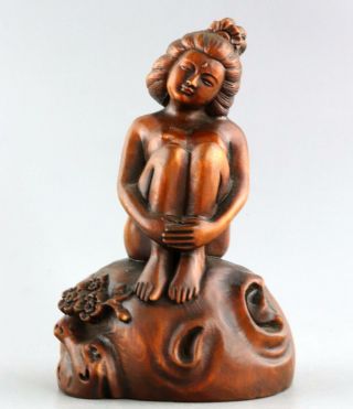 Collect Handwork Antique Boxwood Carved Shy Naked Belle Unique Delicate Statue