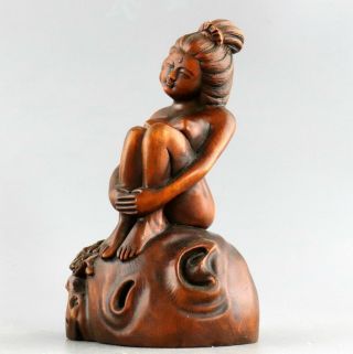 Collect Handwork Antique Boxwood Carved Shy Naked Belle Unique Delicate Statue 2