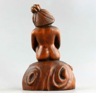 Collect Handwork Antique Boxwood Carved Shy Naked Belle Unique Delicate Statue 3