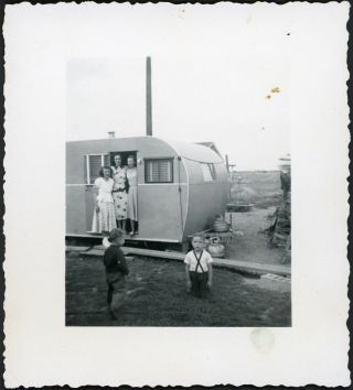 Boy On Knees Wondering How He Got There.  In Trailer Park Vintage Snapshot Photo