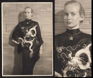 Exotic Sultry Blonde Woman Stares In Chinese Satin Dragon 1950s Vintage Photo