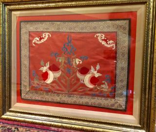 Antique Qing Dynasty Chinese Silk Embroidery Panel Framed Peaches And Bats