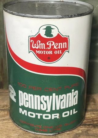 Vtg Wm Penn 100 Pennsylvania Motor Oil 1 Quart Oil Can Tin Cleveland Ohio Full
