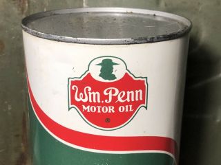 Vtg WM PENN 100 Pennsylvania Motor Oil 1 Quart Oil Can Tin Cleveland Ohio FULL 3