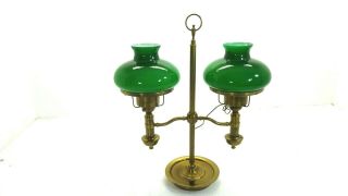 Large Antique Vintage Green Glass & Brass Double Hurricane Lamp Made In Italy