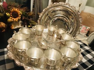 Towle Silverplate Punch Bowl,  Ladle,  Tray And Cups Vintage
