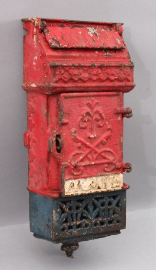 19thc Antique Red,  White & Blue Painted Cast Iron Mailbox,  S.  C.  Tatum & Co.