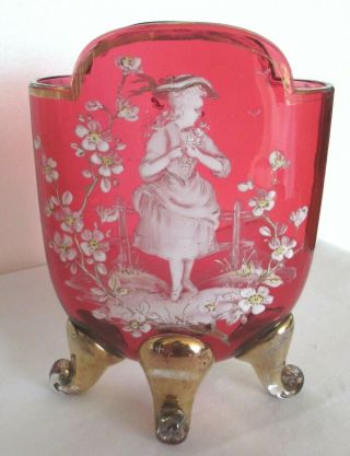 Antique Mary Gregory Victorian Cranberry Glass Country Lady White Enamel Vase