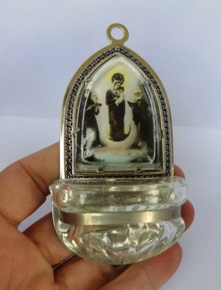 Vtg Holy Water Font Catholic St Mary Blessed Virgin Tin Glass Czechoslovakia A6