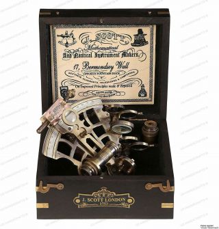 J.  Scott London Brass Ship History Sextant With Hardwood Box.  Vintage Solid