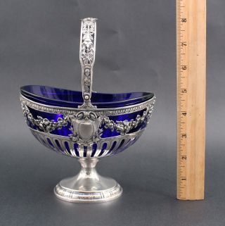 Antique Victorian German.  800 Solid Silver Basket Cobalt Blue Glass Liner,  Nr