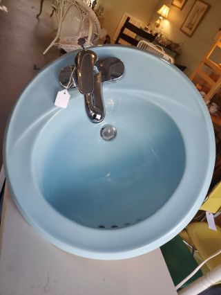 Vtg Crane Bathroom Vanity Sink Oval Blue Drop In Porcelain