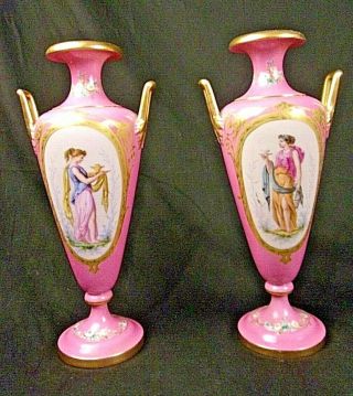Antique Pompadour Pink Old Paris Neo - Classical Urn Shaped Vases 13 " Hand Painted