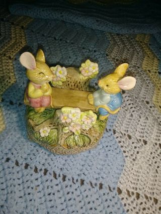 Ceramic Play - Mates Otagiri Handpainted Japan Bunnies On Seesaw Music Box