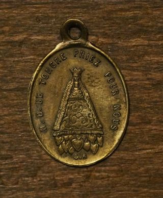 Antique Religious Bronze Medal Pendant Our Lady Of Tongre Ex Voto Hearts Below