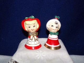 Vintage Lefton Christmas Boy And Girl Bell Ornaments