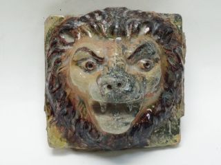 Antique 19 C Glazed Polychrome Ceramic Lion Head Architectural Tile Ornament