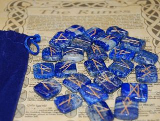 Charged Lapis Lazuli Runes Elder Futhark With Pouch & Information Sheet,  Oracle