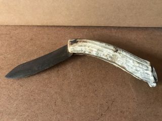 Antique Primitive Hand Made Antler Handle Folding Knife