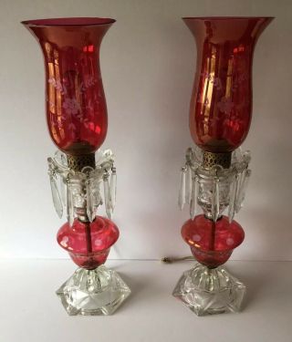 Vintage Cranberry Etched Glass Hurricane Lamps With Prisms