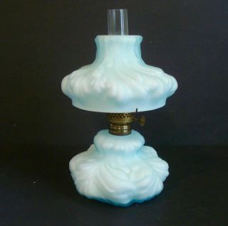 Vintage Cased Light Blue Satin Glass Lg Wright Fenton Miniature Oil Lamp Plume