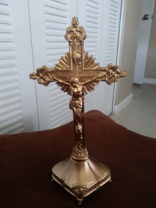 9 " Antique Brass Metal Crucifix On Stand With Jesus On The Cross