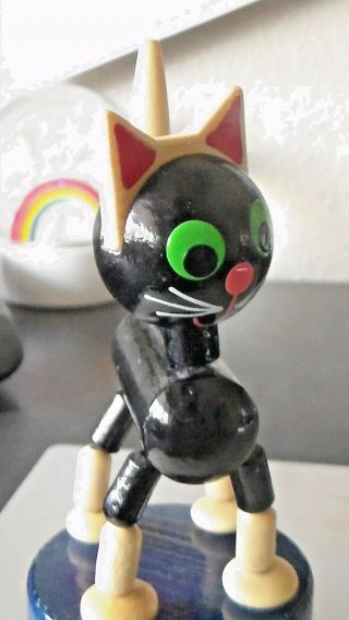 Vintage Wooden - Black Cat - Push Button Finger Puppet Toy Collapsible Exc Cond