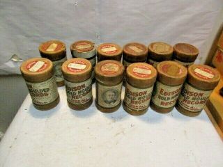 12 Vintage Edison Gold Moulded Record Cylinders With Lids That Are In Good Shape