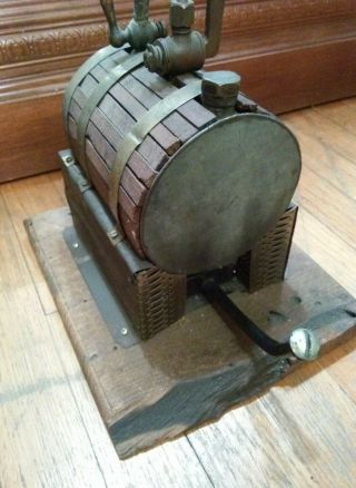 Vintage live steam wood lagged boiler with spirit burner mounted on wooden base 3