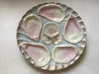 Oyster Antique German Porcelain Oyster Plate Blue Pink Gold C.  1856 - 1918