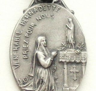 Antique Medal Pendant To Saint Bernadette & Our Lady Of Lourdes