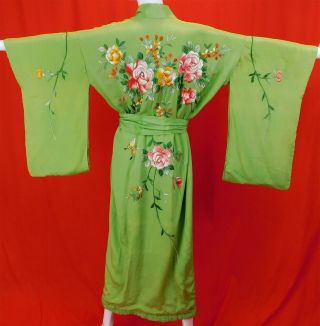 Vintage Japanese Silk Chartreuse Colorful Floral Embroidered Belted Kimono Robe