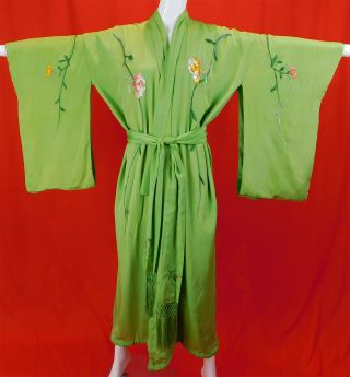 Vintage Japanese Silk Chartreuse Colorful Floral Embroidered Belted Kimono Robe 2