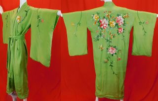 Vintage Japanese Silk Chartreuse Colorful Floral Embroidered Belted Kimono Robe 3