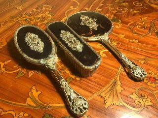 Antique Vintage 3 Piece Vanity Set Brush & Hand Mirror Silver Plated Decorated